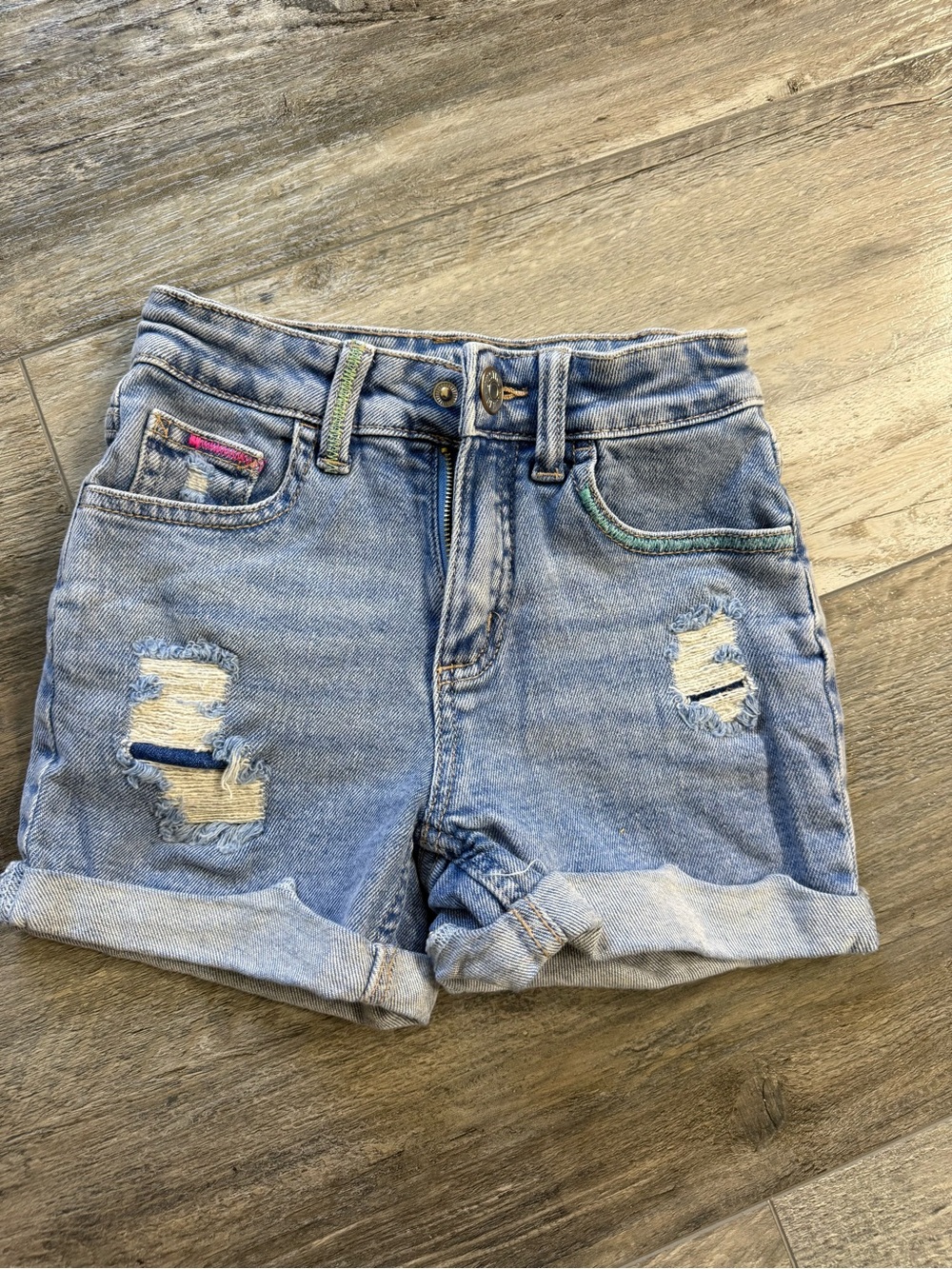 Justice Light Blue Distressed Denim Shorts with Color Trim